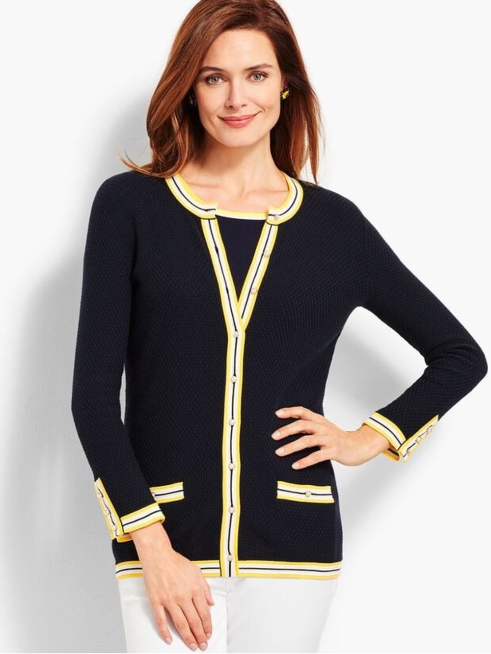 Talbots Navy Waffle Knit Cardigan with Yellow and White Trim Faux Pearl Buttons